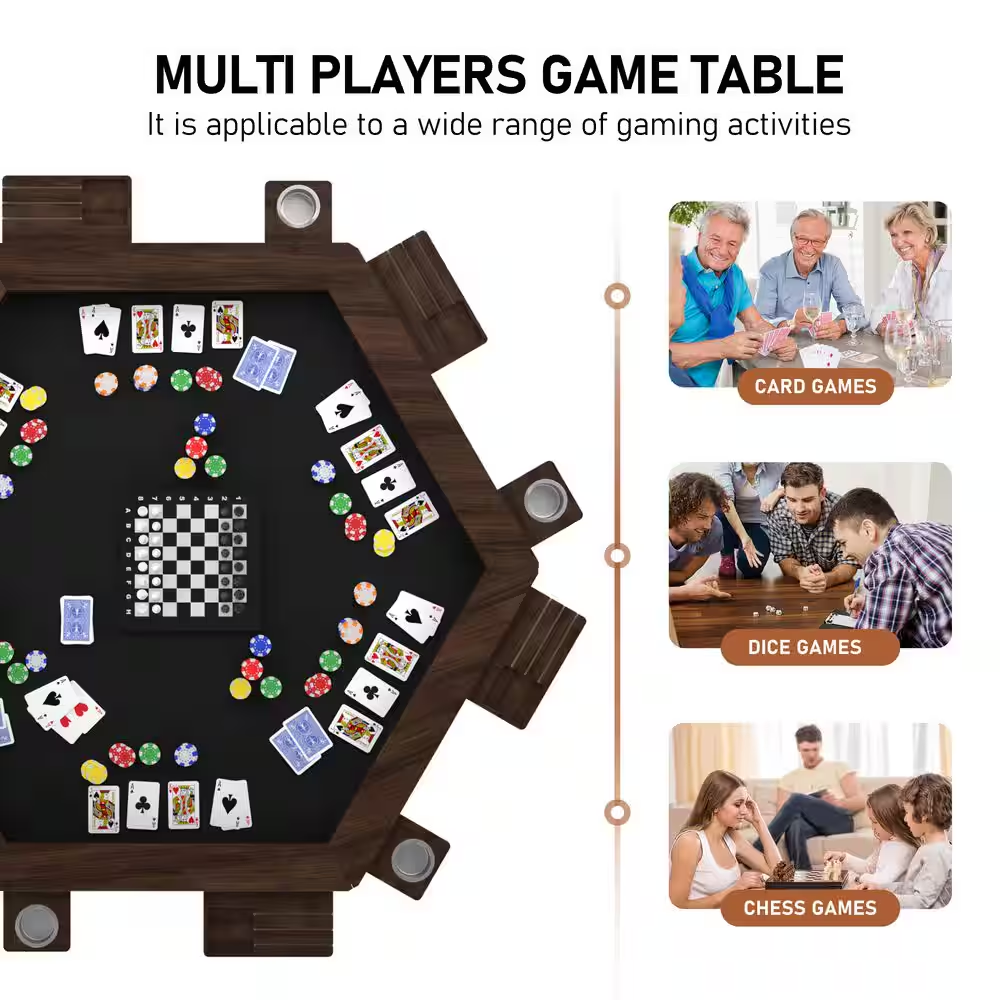 Wood Poker Table Convertible Gaming/Dining Table for 4-6 People with Removable Top, 6-Cup Holders