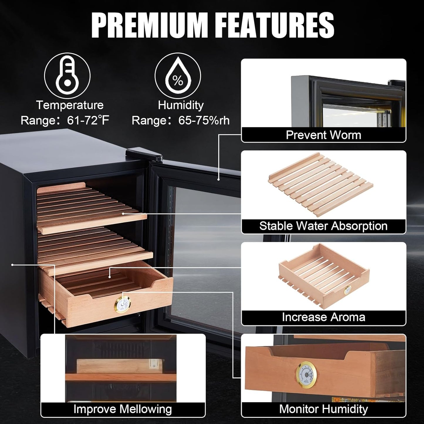 33 L Cigar Humidor Cabinet, 350 Counts Cabinet Humidor, Electric Humidor with Heating and Cooling Temperature Control System, Spanish Cedar Wood Shelves and Hygrometer