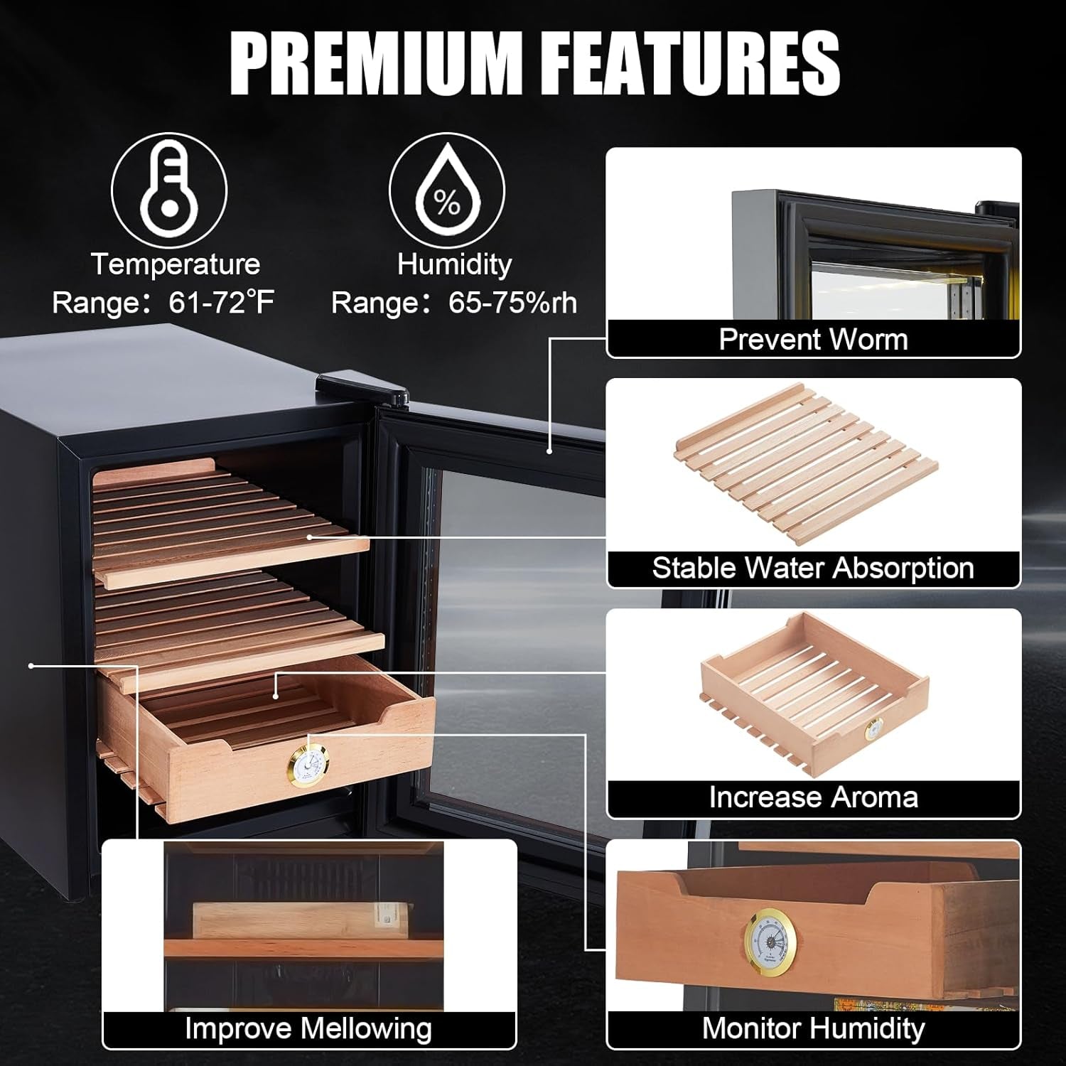 33 L Cigar Humidor Cabinet, 350 Counts Cabinet Humidor, Electric Humidor with Heating and Cooling Temperature Control System, Spanish Cedar Wood Shelves and Hygrometer