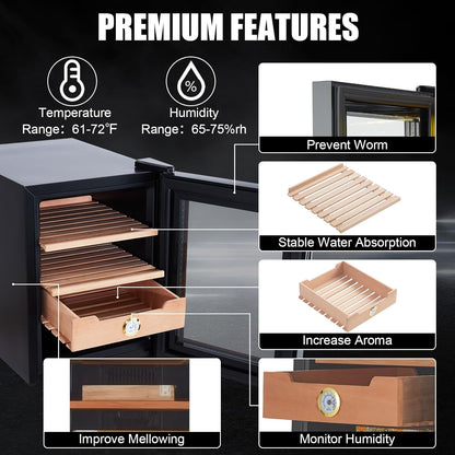 33 L Cigar Humidor Cabinet, 350 Counts Cabinet Humidor, Electric Humidor with Heating and Cooling Temperature Control System, Spanish Cedar Wood Shelves and Hygrometer