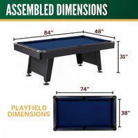 Indoor Pool Table Built for Home Game Rooms, 7-Foot Standard Size, Black Frame, Blue Felt Playing Surface